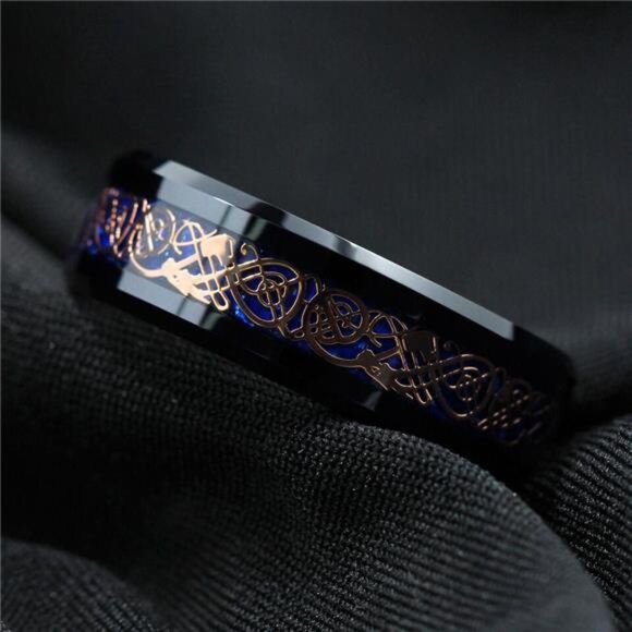 Men's Wedding Band Ring - Rose Gold Celtic Dragon Blue Carbon Fiber Wedding Ring - Picture 2 of 6